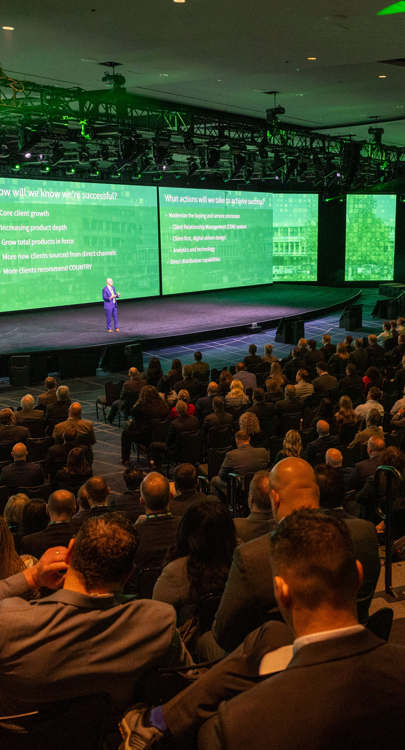 Corporate group gathered at a business meeting for a sales kickoff event